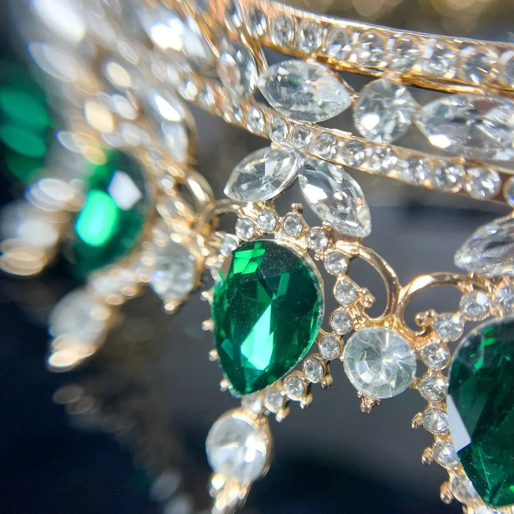 Royal Queen Crown for Women, Green Rhinestone Wedding Crown, Prom Party XL Crown - Picture 5 of 6